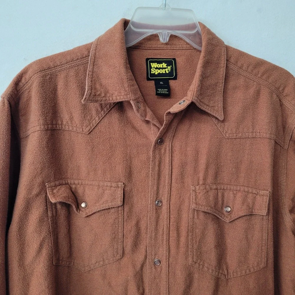 Work n Sport XL Western Flannel Shirt Mens Copper Brown Long Sleeve Snap Pockets